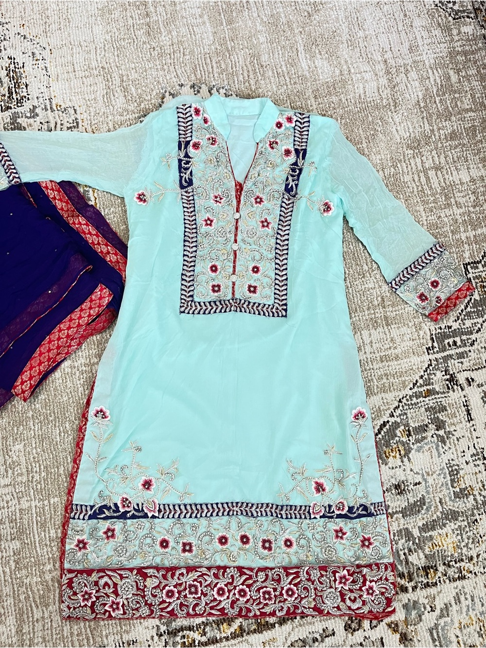 3 piece Hand embellished Aqua Salwar Kameez with kora, dabka, zardoshi handwork